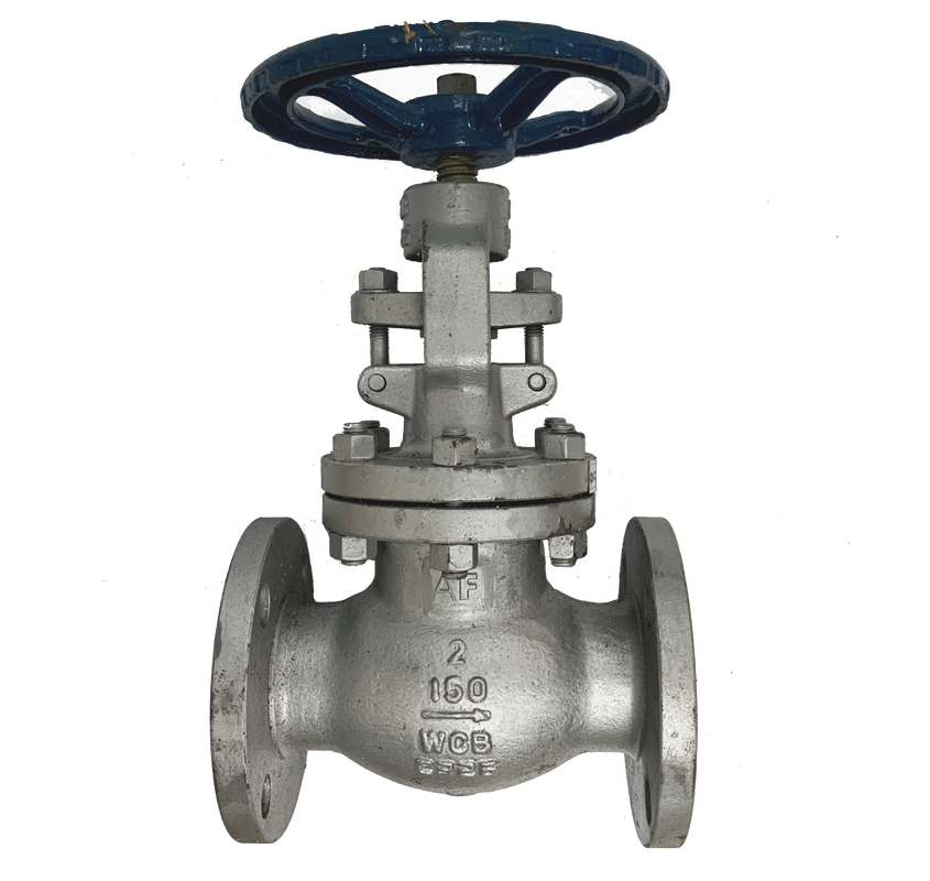 ANSI 150 cast steel globe valve seen from above, showing the handwheel and stem nut