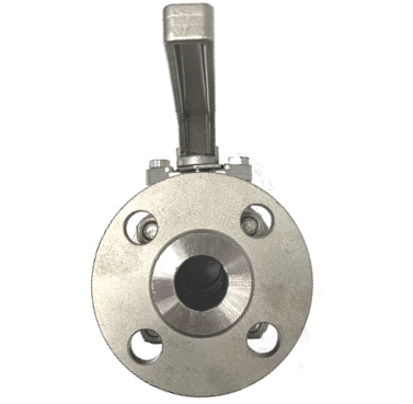 ANSI 150 SS316 flange end ball valve viewed from above showing the bonnet and stem assembly
