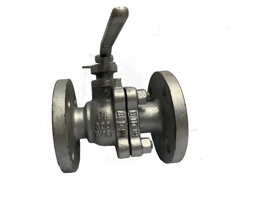 ANSI 300 cast steel flange end ball valve showing the split body and stud bolting