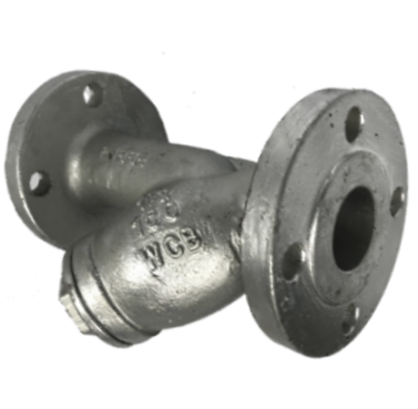ANSI 150 cast steel Y-strainer with a rough cast finish and 1.5 inch WCB cast into the body