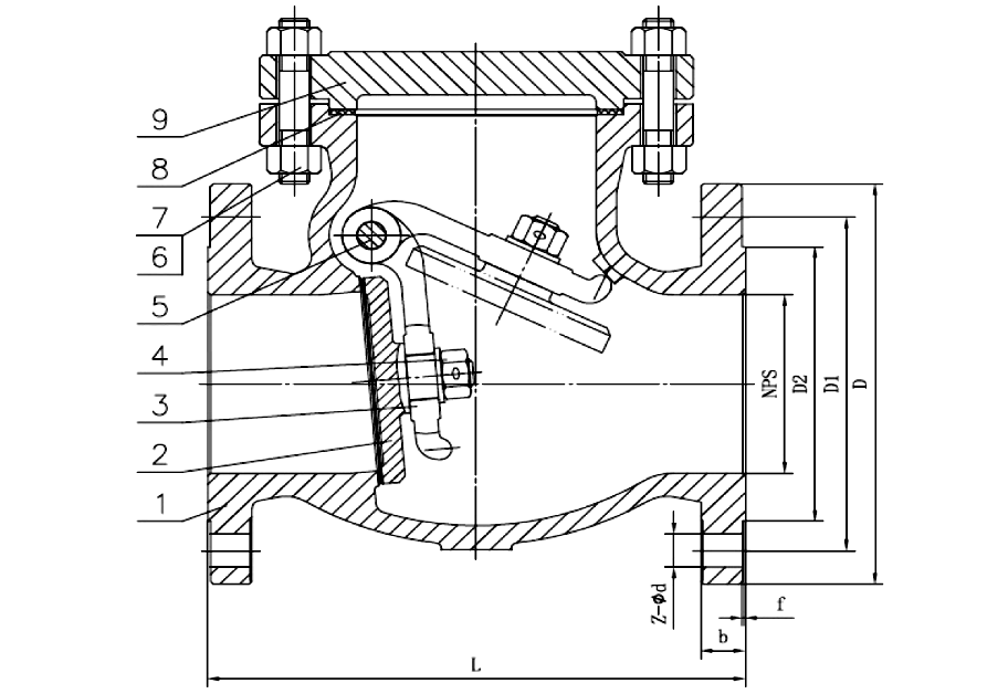 Sectional drawing of an ANSI 150 SS316 swing check valve with numbered callouts