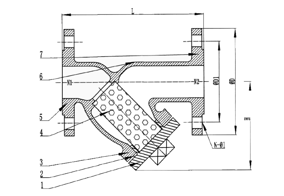 Sectional drawing of an ANSI 150 cast steel Y-strainer with numbered callouts