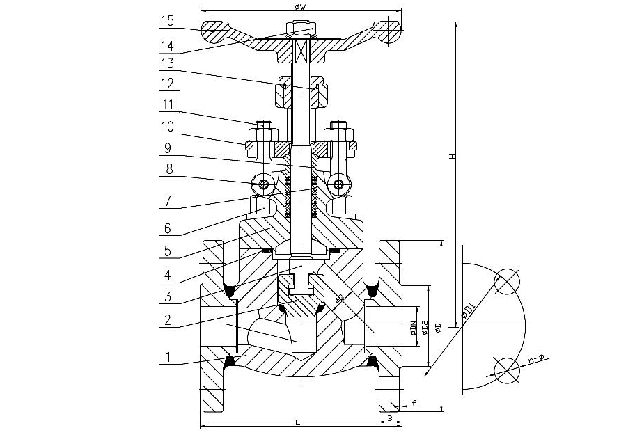 Sectional drawing of an ANSI 150 SS316 globe valve, 1 to 1.5 inch, with numbered callouts