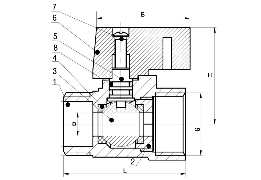 Sectional drawing of a brass male by female mini ball valve with numbered callouts and dimensions