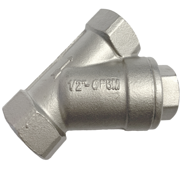 Threaded end SS316 Y-strainer showing the screw-on cap and blowdown plug