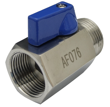 Stainless steel SS316 mini ball valve showing the lever handle and body