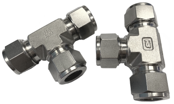 Two stainless steel double ferrule union tees with a ferrule nut on all three ends