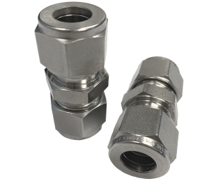 Two stainless steel double ferrule straight unions, short hex body with a ferrule nut at each end