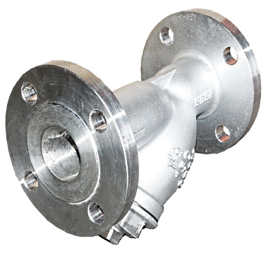 ANSI 150 SS316 Y-strainer in bright stainless steel with flanged ends and a hexagonal blowdown cap