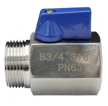 Stainless steel SS316 mini ball valve, male by female, side view with lever handle