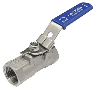 One-piece SS316 ball valve, side elevation, showing the single-casting body and lever handle