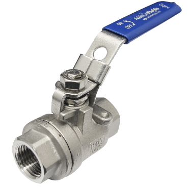 Two-piece full bore SS316 ball valve, side view, with the body joint visible behind the hex