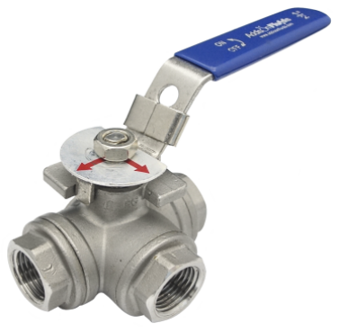 Three-way L-port SS316 ball valve showing all three threaded ports