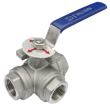 Three-way T-port SS316 ball valve showing all three threaded ports