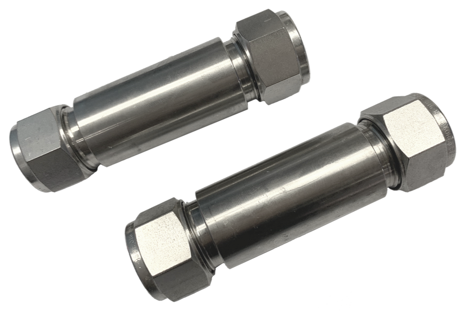 Two stainless steel double ferrule weldable bulkhead fittings, a ferrule nut at each end of a long plain barrel