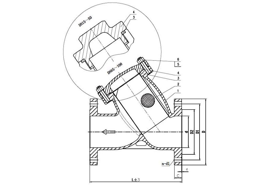 Sectional drawing of a JIS 10K cast steel Y-strainer with numbered callouts