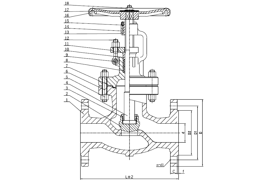 Sectional drawing of a JIS 10K SS316 globe valve, 2 to 4 inch, with numbered callouts