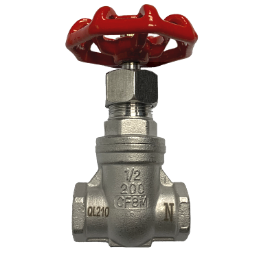 Threaded SS316 gate valve rated 200 PSI, side elevation with handwheel