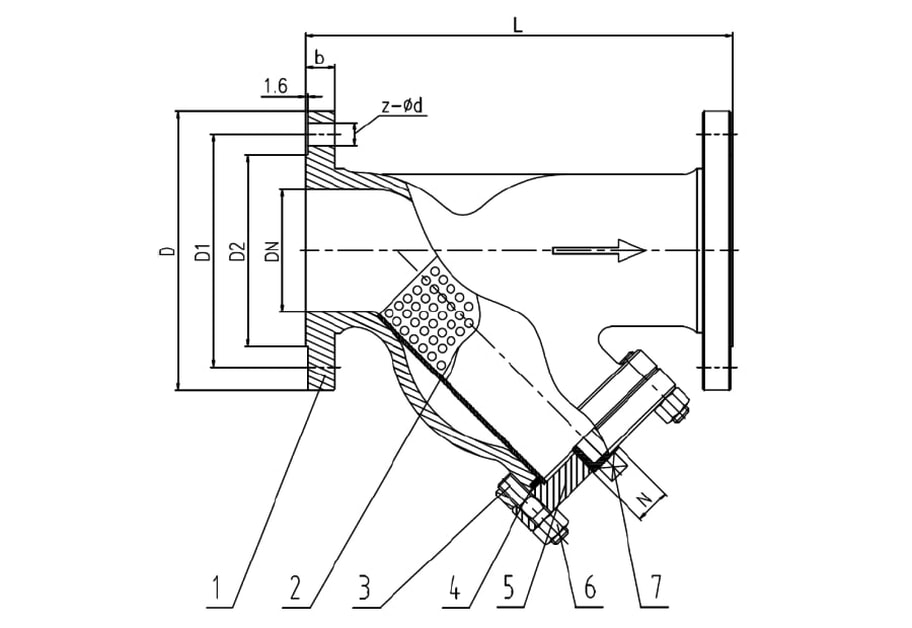 Sectional drawing of a JIS 10K SS316 Y-strainer with numbered callouts