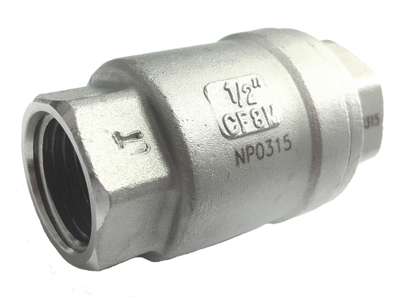 Stainless steel inline spring check valve with female threaded ends, cast with half inch, CF8M and a heat number, and a small flow arrow