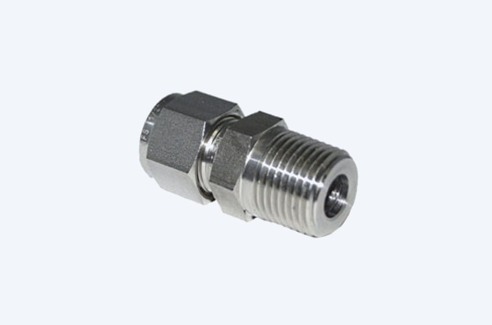 Double ferrule male connector, ferrule nut at one end and a male tapered thread at the other