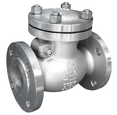 ANSI 150 SS316 swing check valve in bright stainless with 1.5 inch, 150 and CF8M cast into the body