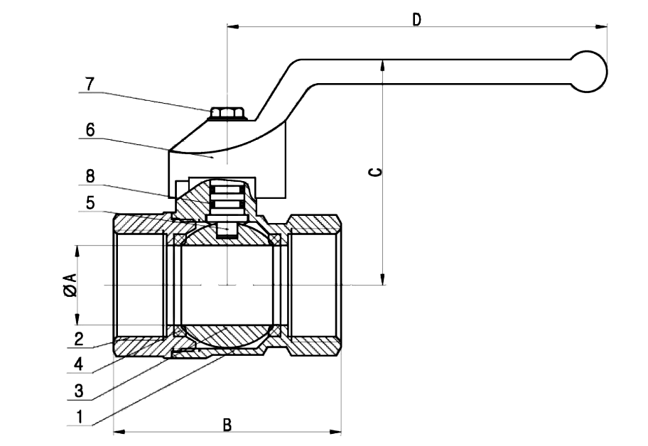 Sectional drawing of a threaded end brass standard ball valve rated 300 PSI, with numbered callouts and dimensions