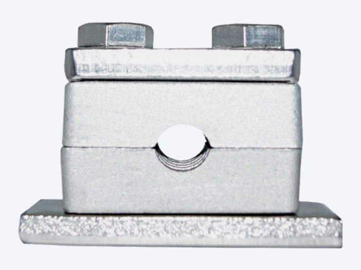 Tubeclo heavy series tube clamp with a silver aluminium body on a galvanized weld plate