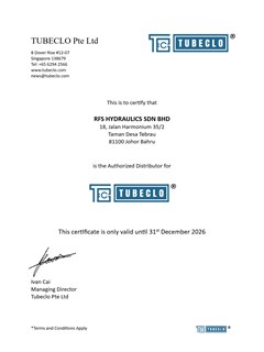 Tubeclo authorised distributor certificate issued to RFS Hydraulics Sdn Bhd
