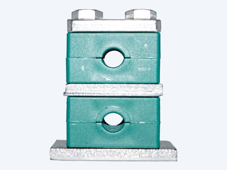 Two Tubeclo heavy series polypropylene clamps stacked on one weld plate with a safety locking plate between the levels