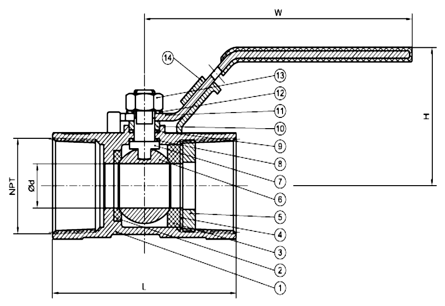 1 Pc Reduced Bore 1000PSI Stainless Steel Threaded Ball Valve Drawing