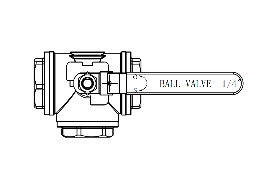 Low Pressure 1000 PSI Stainless Steel 3 Way Ball Valve T-Port (Top View)​ Drawing